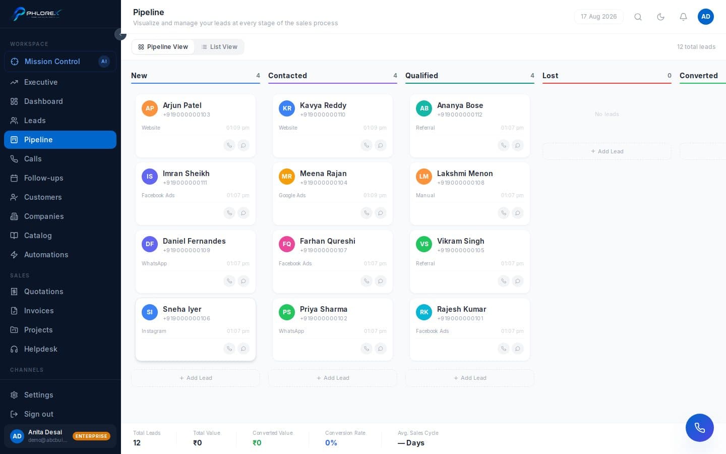 LeadOS sales pipeline board with deals arranged in stage columns